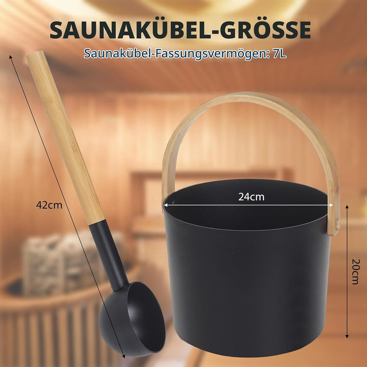 Saunakübel Set, 7L Aluminium Sauna Eimer mit Sanduhr, Saunaschale, Saunakelle, Thermo &amp; Hygrometer,