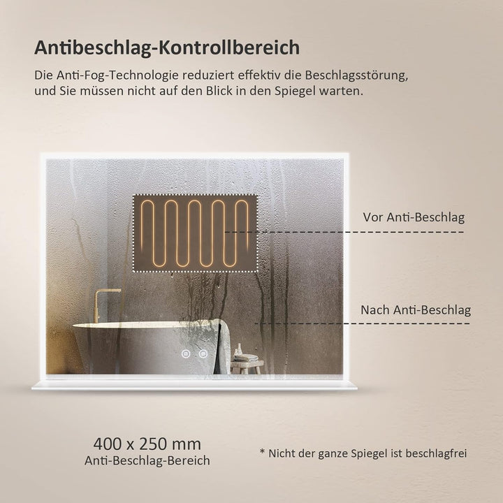 EMKE Badspiegel mit Beleuchtung 80x60cm, Badezimmerspiegel mit Ablage, Antibeschlag, Kaltweiss Licht