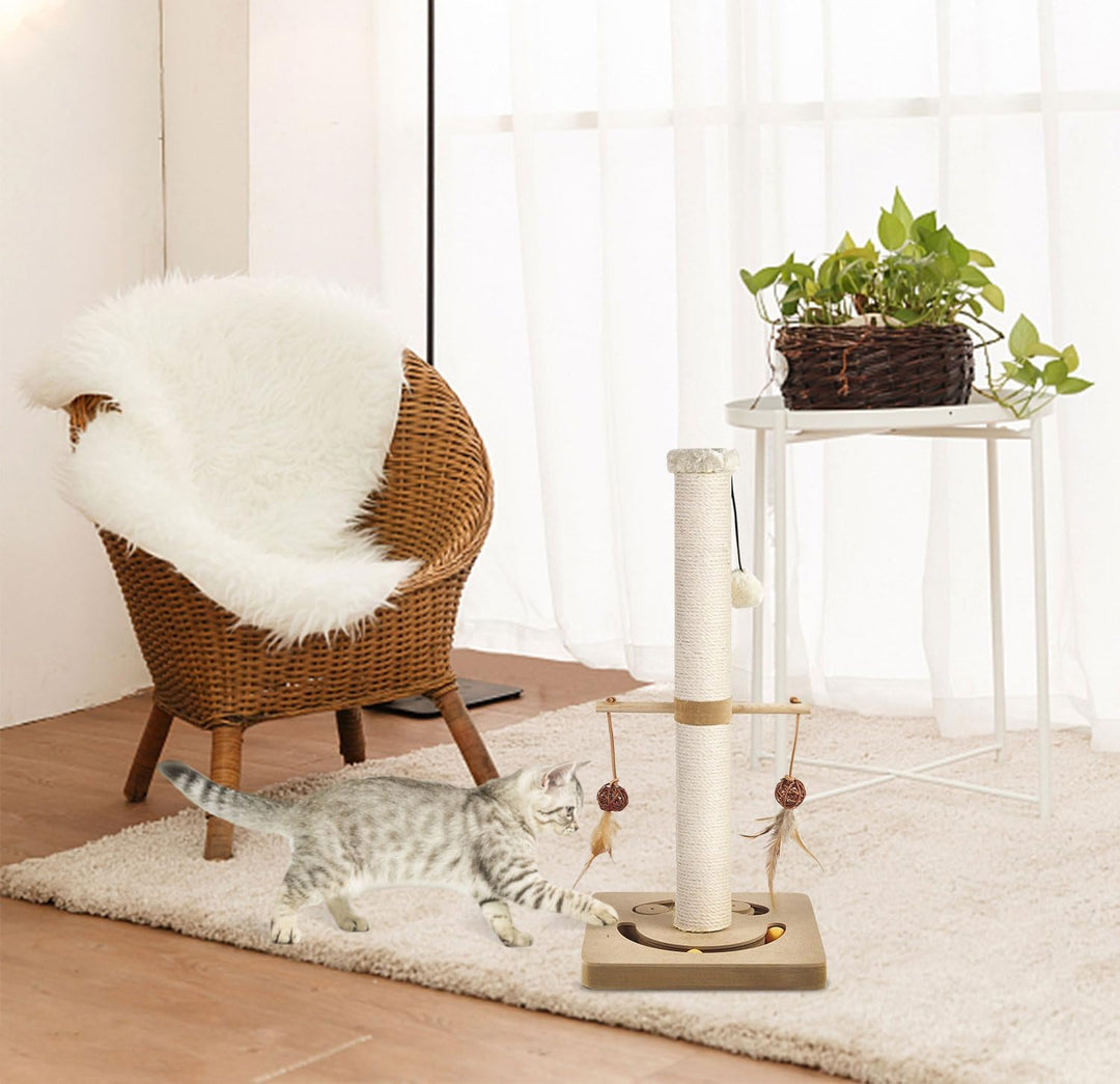 AUSCAT Kratzsäule für Katzen, Kratzbaum mit Verschiedenen Interaktiven Spielzeug, Kratzstamm mit Nat