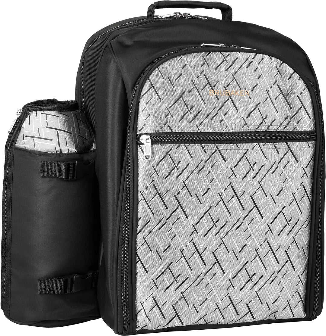 BRUBAKER Picknickrucksack für 4 Personen Schwarz Silber 27 × 38,5 × 21 cm - inkl. Kühlfach + Iso-Fla