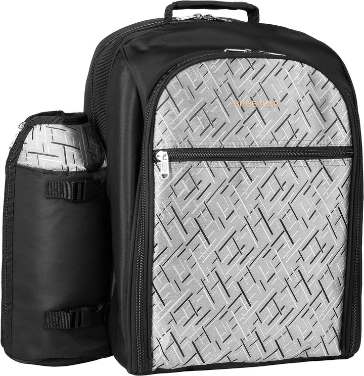 BRUBAKER Picknickrucksack für 4 Personen Schwarz Silber 27 × 38,5 × 21 cm - inkl. Kühlfach + Iso-Fla