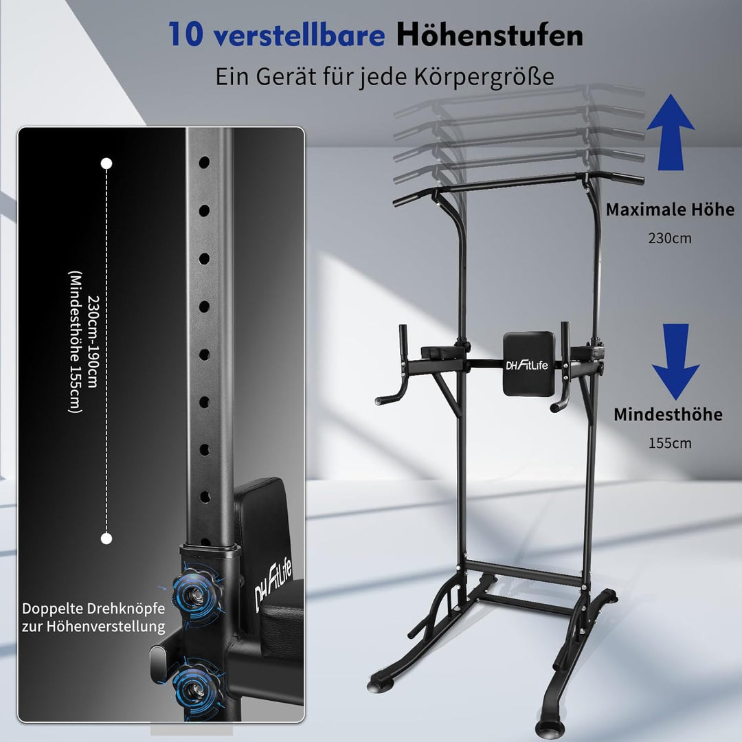 DH FitLife Power Tower Dip Station | Sport Geräte mit Klimmzugstange, Dip Barren u. Rückentrainer |