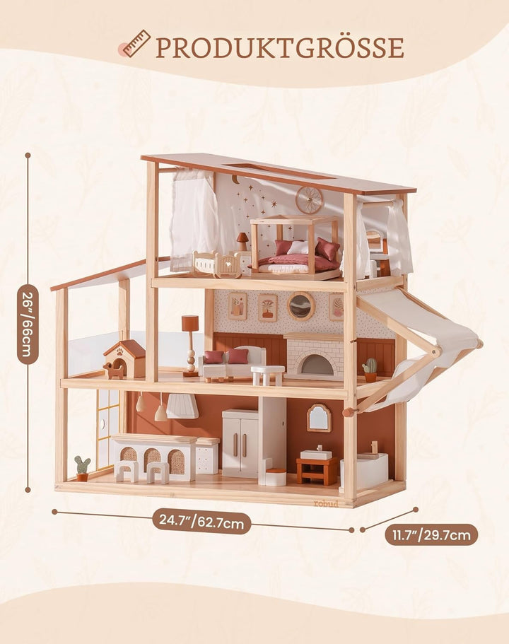 ROBUD Puppenhaus Holz, 3-Stöckiges Böhmischen Stil Puppenhaus mit 37 Zubehör & Möbel, Kinder Spielze