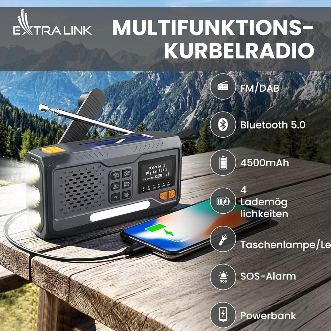 Extralink Kurbelradio Notfallradio mit Solar & Kurbel, Ladefunktion 4500 mAh, FM & DAB Radio mit Blu
