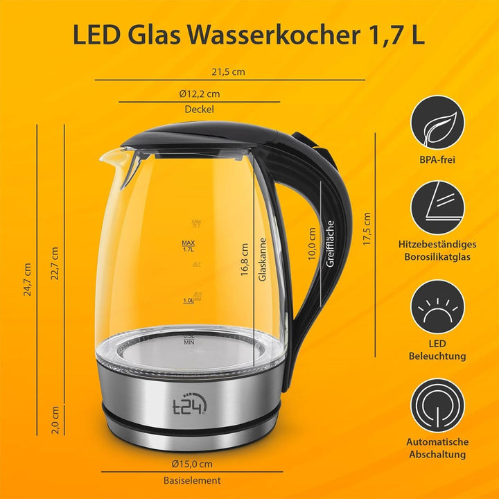T24 LED Glas Wasserkocher 1,7 Liter mit LED-Beleuchtung, Trockenlaufschutz, BPA frei, 2200W (silber)
