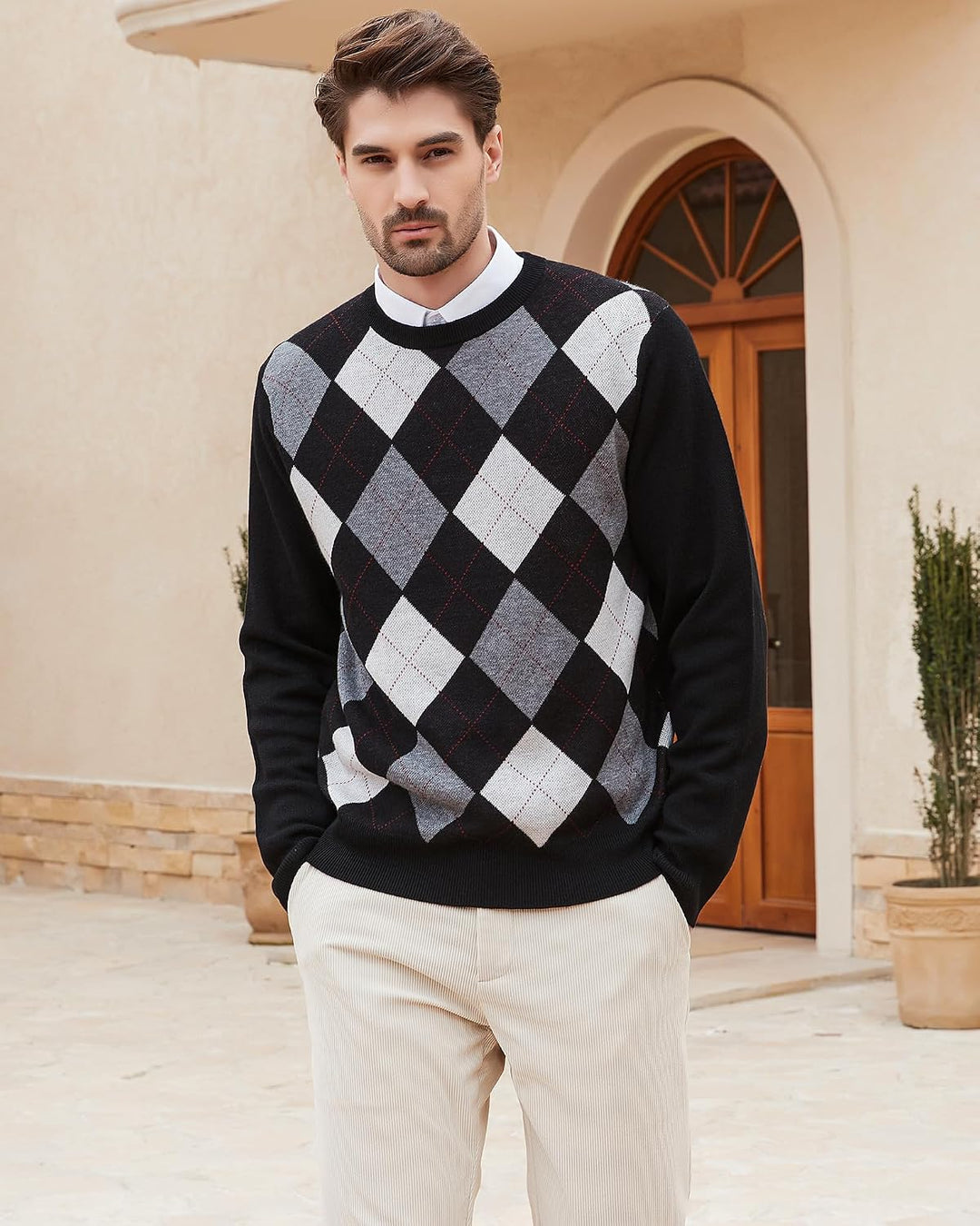 Kallspin Herren Wollmischung Strickpullover Argyle Rundhalsausschnitt Pullover Sweater XXL Schwarz,