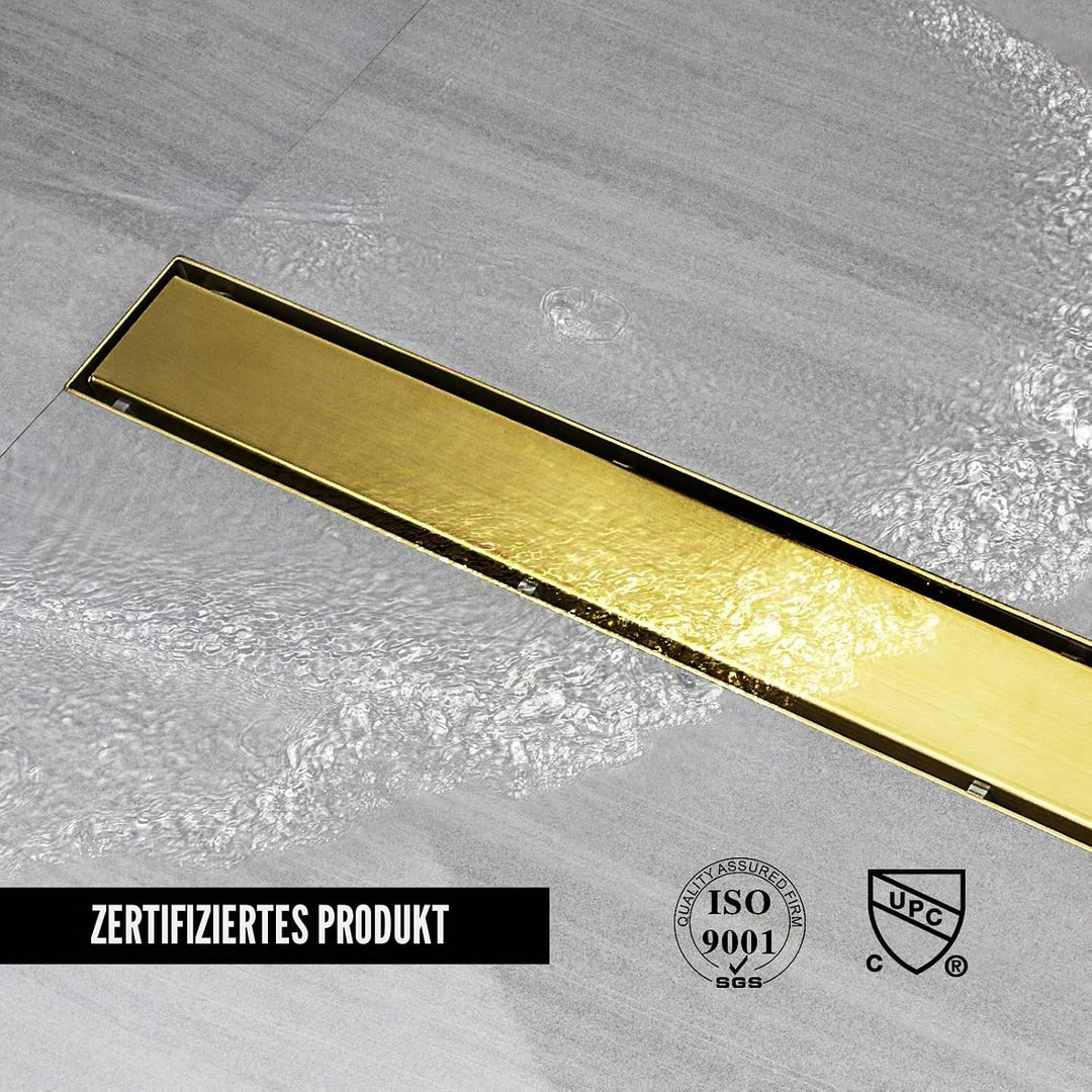 Duschrinne 50 cm, Gold Befliesbar Duschrinne extra flach, Edelstahl Bodenablauf Komplettset mit 360°