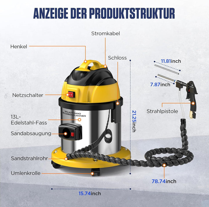 KAISAL 220V Nussschalen Strahlgerät, 13L Walnuss Sandstrahlgerät 1200W Nussschalengranulat Sandstrah