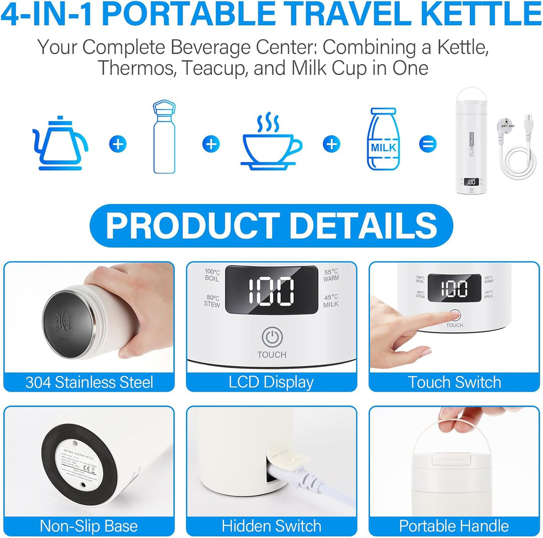 Mkitnvy Elektrischer Reisewasserkocher Klein 500ML, Tragbarer Elektrischer Wasserkochers, 304 Edelst