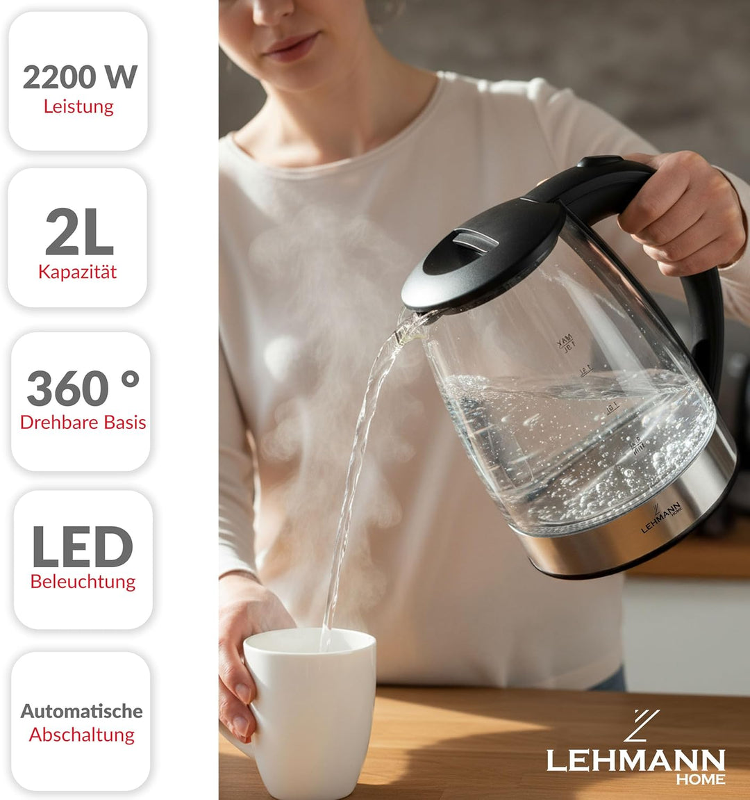 Lehmann LHOEK-2220 Glas Wasserkocher 2 Liter, 2200W, elektrischer Wasserkocher aus Glas mit LED-Hint