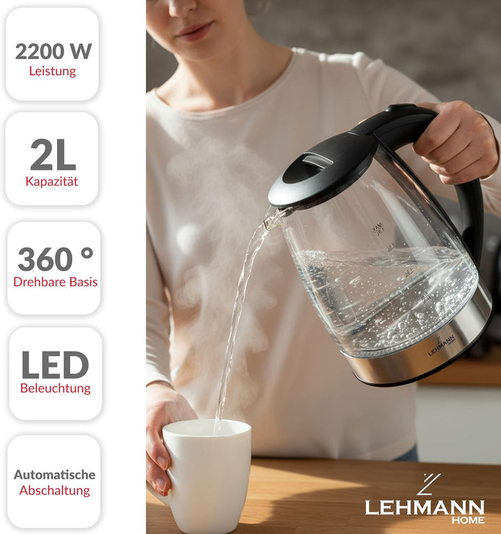 Lehmann LHOEK-2220 Glas Wasserkocher 2 Liter, 2200W, elektrischer Wasserkocher aus Glas mit LED-Hint