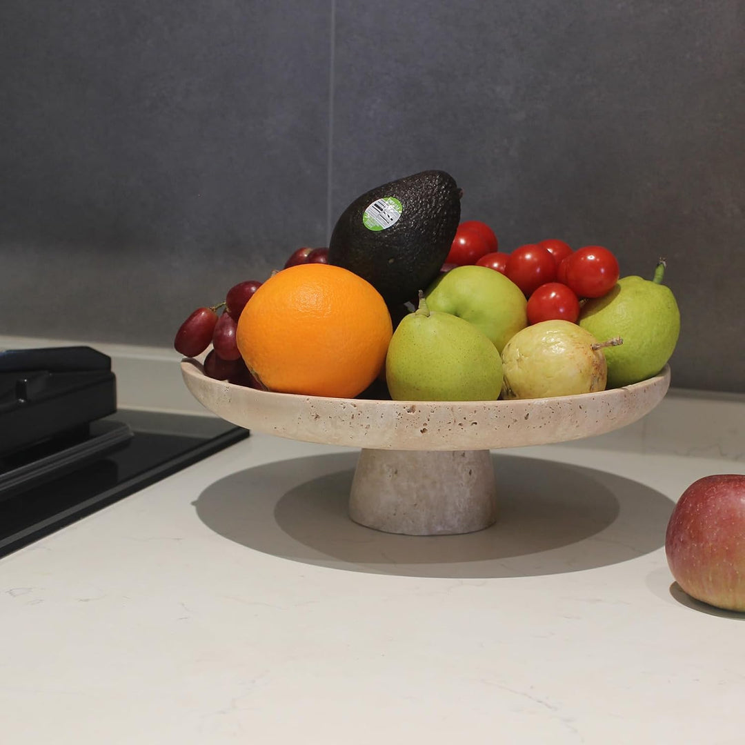 Natürliche Travertin-Obstschale für Küchentheke, 25,9 cm, grosse dekorative Schale, Sockel für Heimd