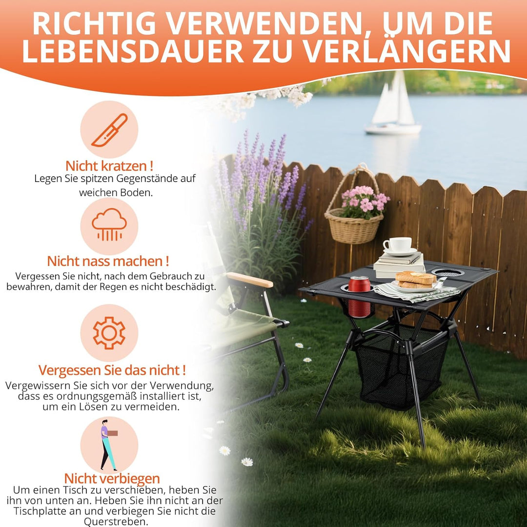 FUNYKICH Campingtisch klappbar, Ultraleicht Klapptisch mit Netztasche und 2 Getränkehaltern, 15KG Tr