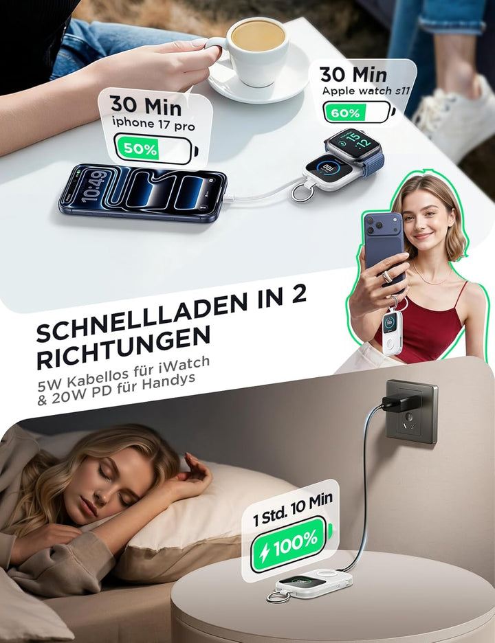 JOYROOM 5000mAh Mini Powerbank für Apple Watch 11 mit USB C Ladekabel,【LED-Display & Schlüsselanhäng