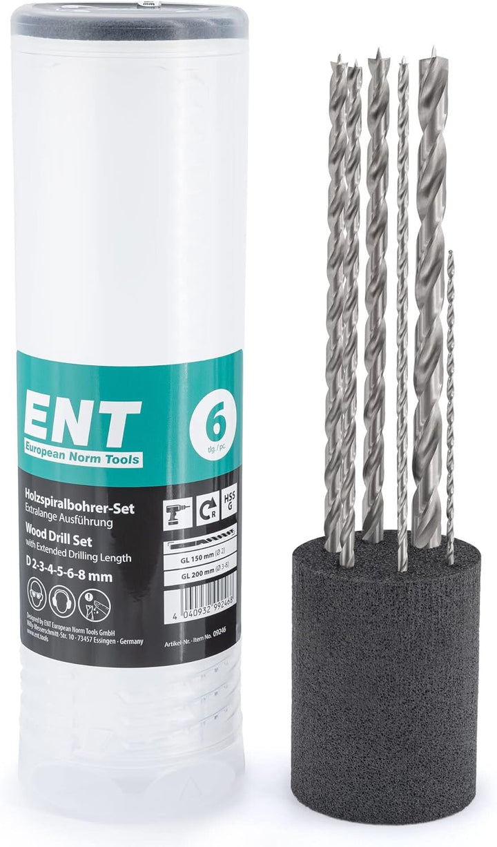 ENT 09246 6-tlg. Holzbohrer-Set HSS-G, Ø 2-8 mm, Nutzlänge 100/135 mm, Gesamtlänge 150/200 mm 6-tlg.