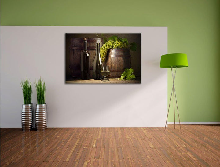 Pixxprint Fässer mit Weintrauben und Wein als Leinwandbild/Grösse: 100x70 cm/Wandbild/Kunstdruck/fer