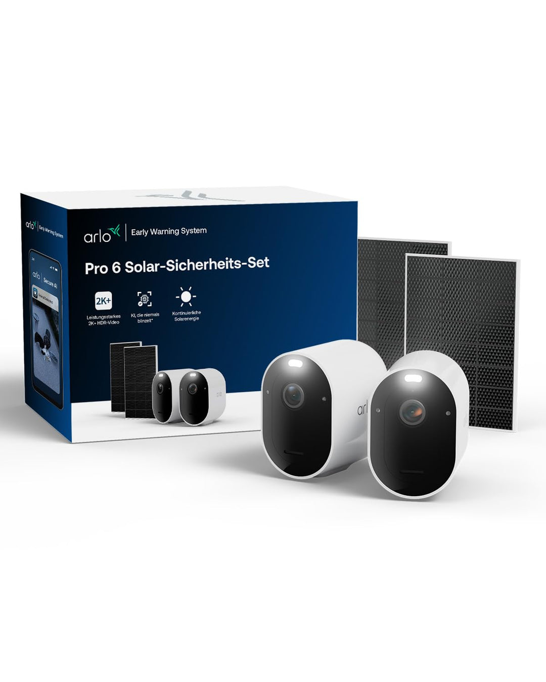 Arlo Pro 6 Überwachungskamera Aussen WLAN, 2er Set mit 2 Solar Panel, Kabellos, 2K+HDR, Farb-Nachtsi