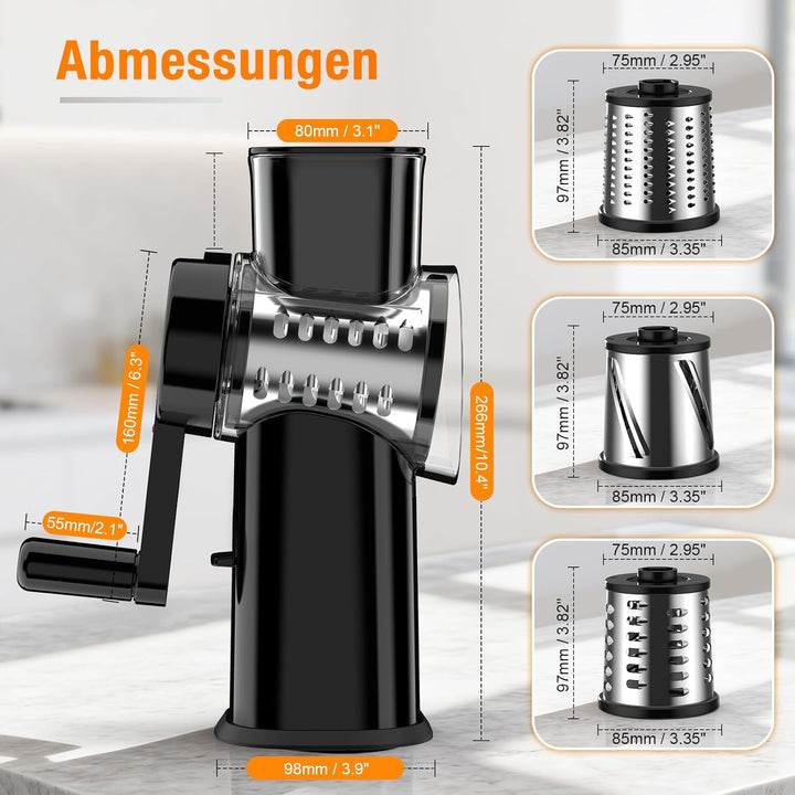 Ibergrif Manuelle Gemüsereibe mit Kurbel, Schwarze Premium Trommelreibe– 3 Klingen für Schneiden, Ra