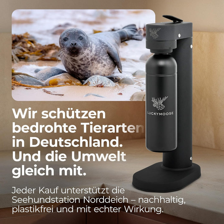 Infinity-S Wassersprudler aus hochwertigem Edelstahl (Black/Black) – inkl. 2x 1,25L Edelstahlflasche