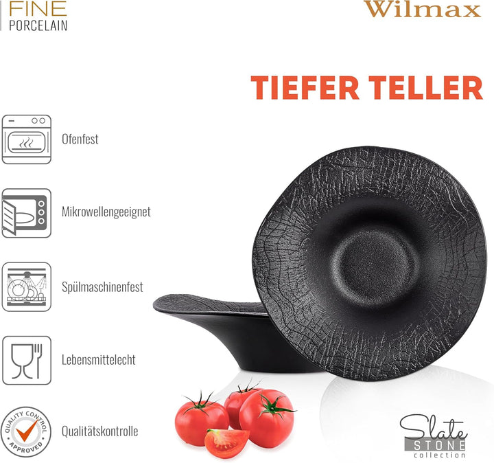 Wilmax - Tiefe Schale - 1 Stück 30cm / 700 ml - Schwarze Pastateller - Natursteintextur - Für Pasta,