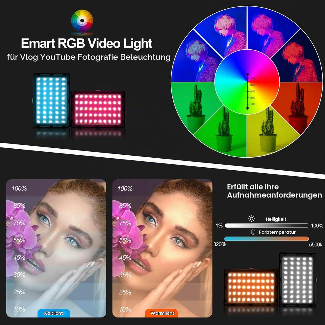 EMART 2-Pack Video Licht RGB, Dimmbare 5500K Videoleuchte LED USB mit Verstellbarem Stativ, Foto Lic