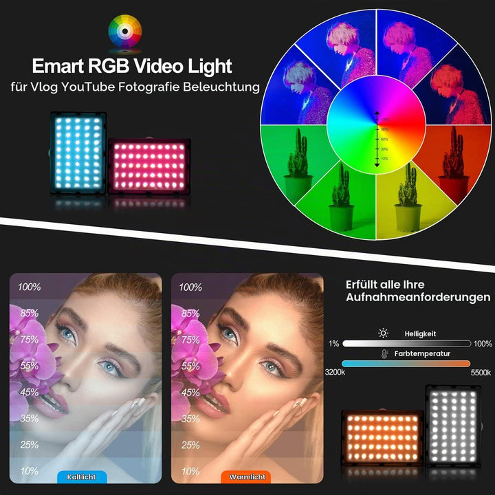 EMART 2-Pack Video Licht RGB, Dimmbare 5500K Videoleuchte LED USB mit Verstellbarem Stativ, Foto Lic