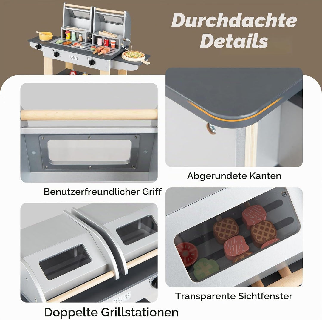 HOMASIS Kinder Grill Spielzeug aus Holz, BBQ Kindergrill-Spielset mit 2 Grillrosten, Verschlussdecke