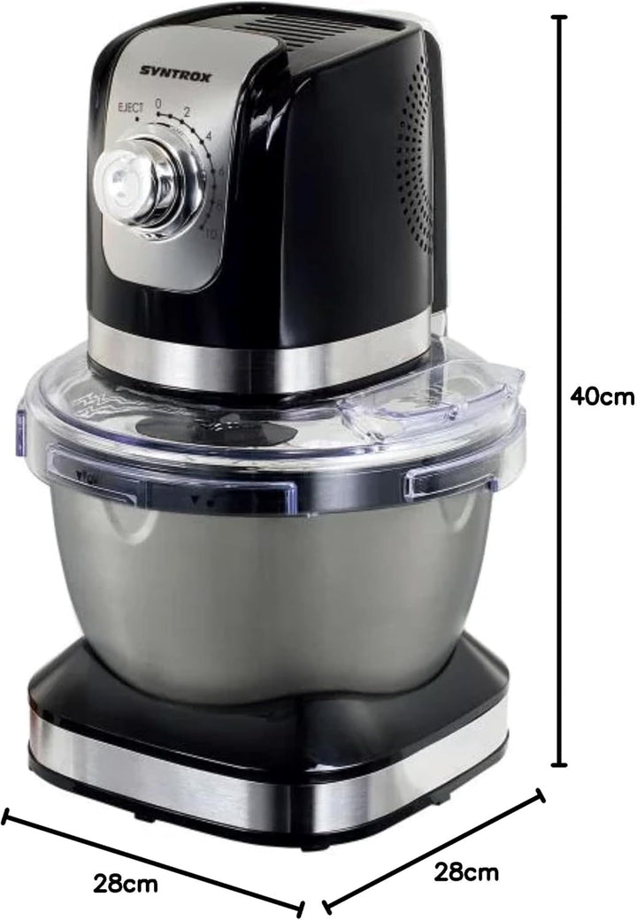 Syntrox Küchenmaschine & Knetmaschine Schwarz Vindas mit Edelstahl-Behälter, Multifunktionale Knetma
