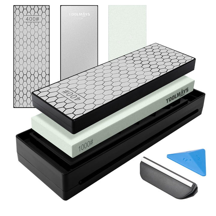 Diamant-Schleifstein Doppelseitig 400/1200# mit 1000# Messerschärfstein,Winkelführung und Aufbewahru