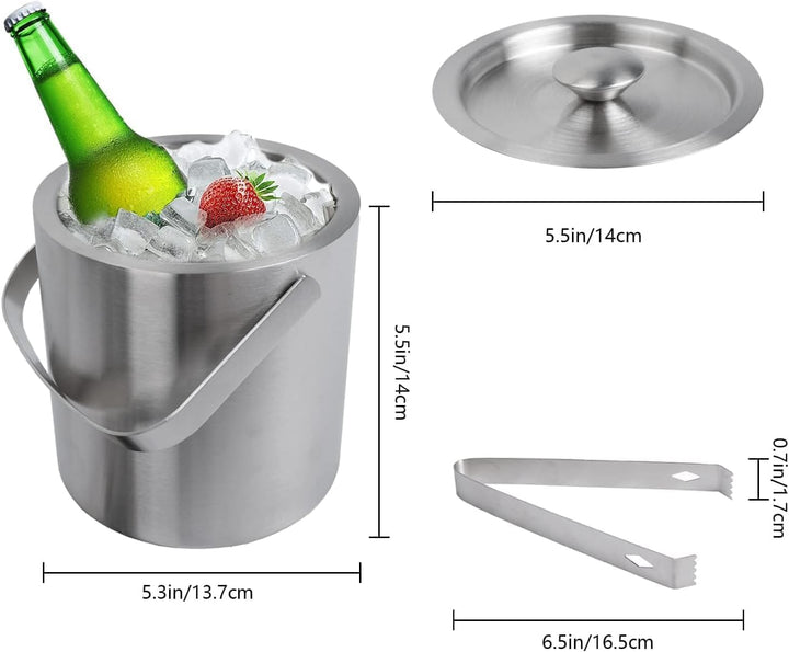 1.3L Eiswürfelbehälter mit Deckel und Zange Doppelwandig Eiswürfelkühler Edelstahl Eiseimer Sektkühl