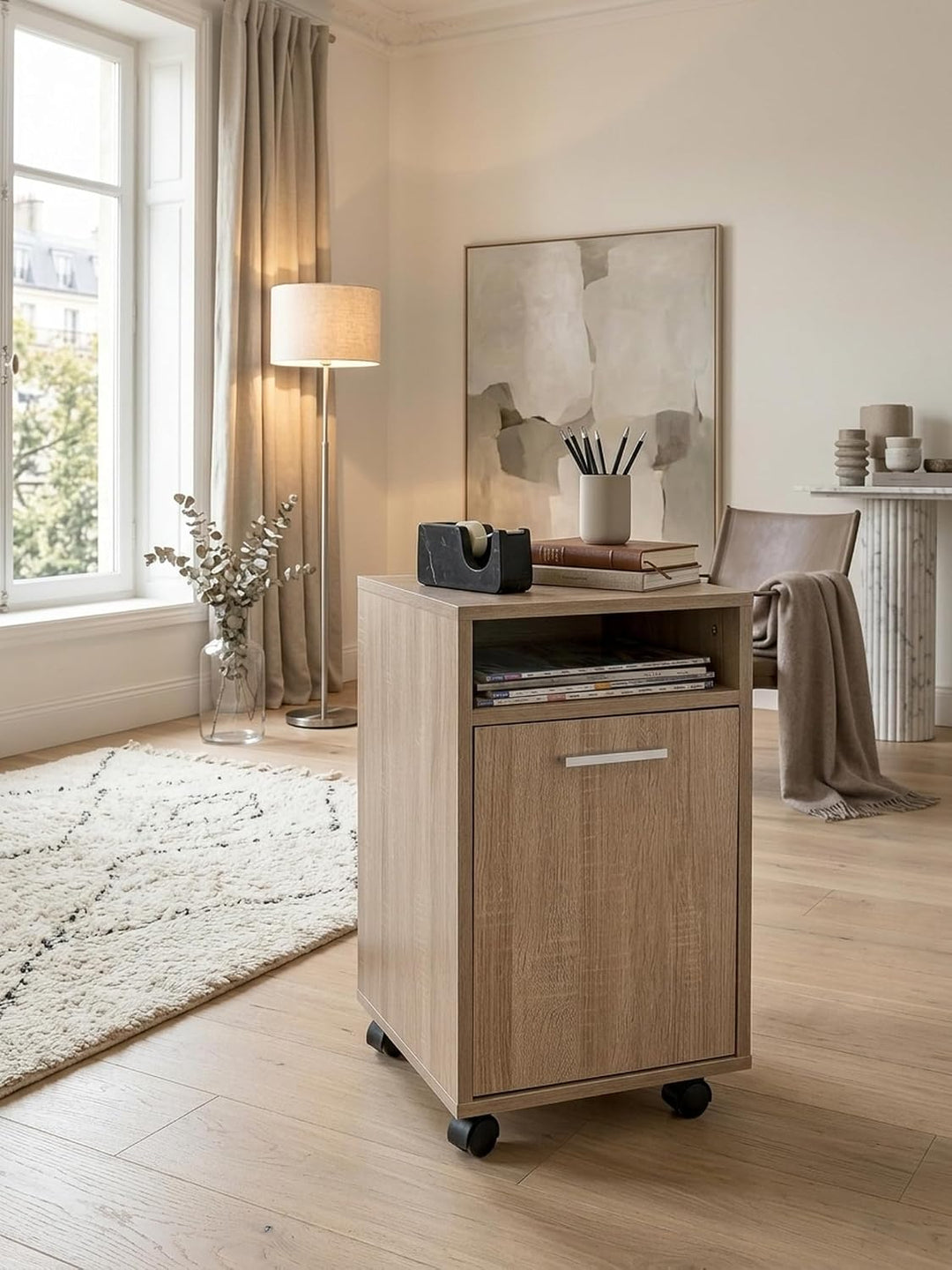 KADIMA DESIGN Rollcontainer OSSOLA: Weiss/Sonoma, 2 Türfächer, Ablagefach, Rollen mit Bremsen, Melam