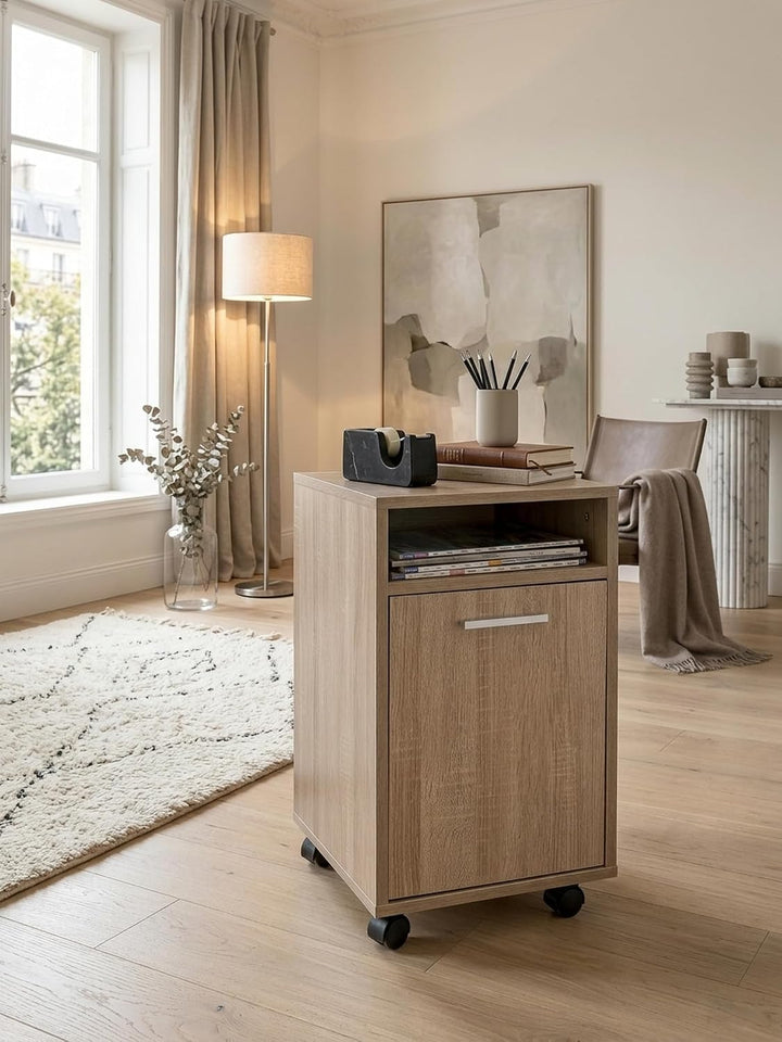 KADIMA DESIGN Rollcontainer OSSOLA: Weiss/Sonoma, 2 Türfächer, Ablagefach, Rollen mit Bremsen, Melam