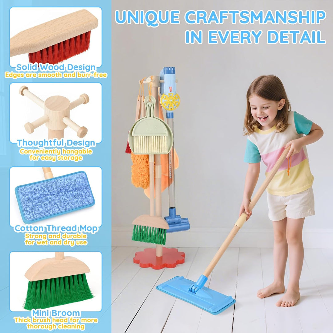 Dreamon Kinderstaubsauger Mit Saug und Soundfunktion, 11 PCS Putzset Kinder Holzspielzeug, Kinderbes