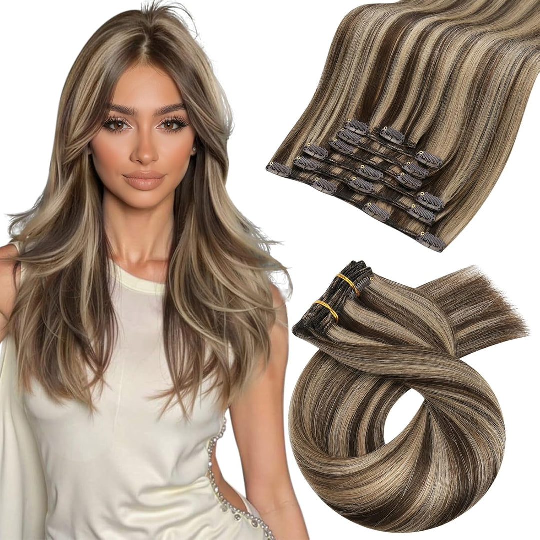 Moresoo Clip in Extensions Echthaar Braun mit Blond Haarverlängerung Echthaar Clip Dunkelbraun Haare