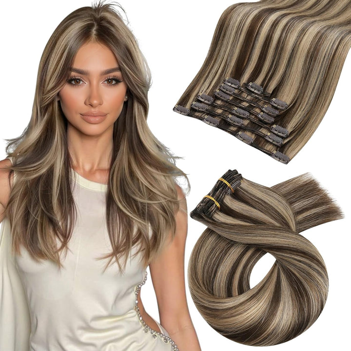 Moresoo Clip in Extensions Echthaar Braun Echthaar Extensions Clip in Dunkelbraun mit Karamellblond