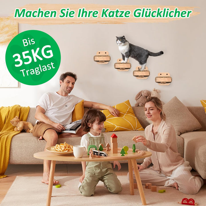 Katzentreppe Wand(4pcs), Kletterwand Katzen, mit Einlage-Handwerkskunst, aus 2cm Massives Gummiholz,