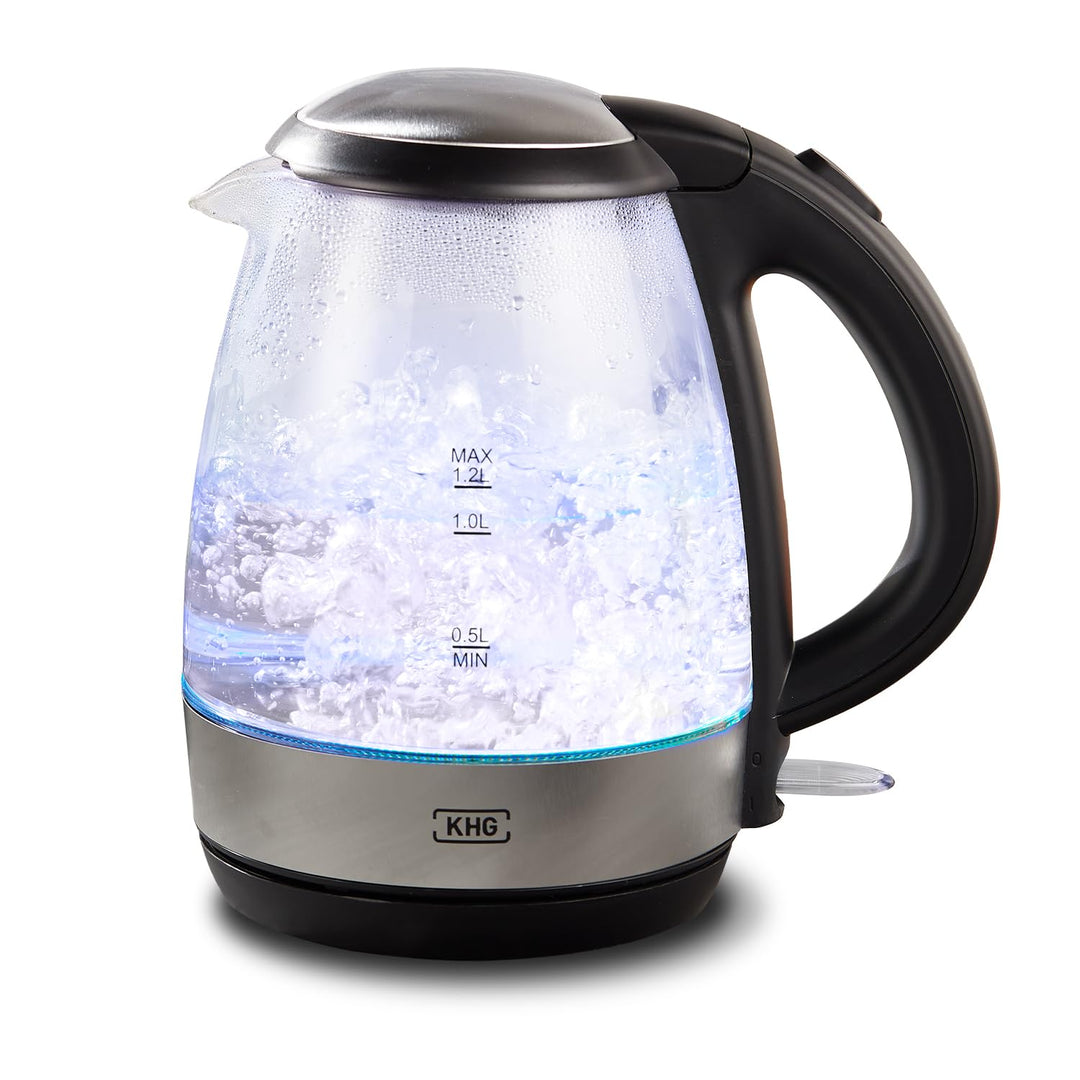 KHG Wasserkocher WK-121GES Glas LED, 1,2 Liter, abwaschbarer Kalkfilter, Wasserstandsanzeige, Öffnen