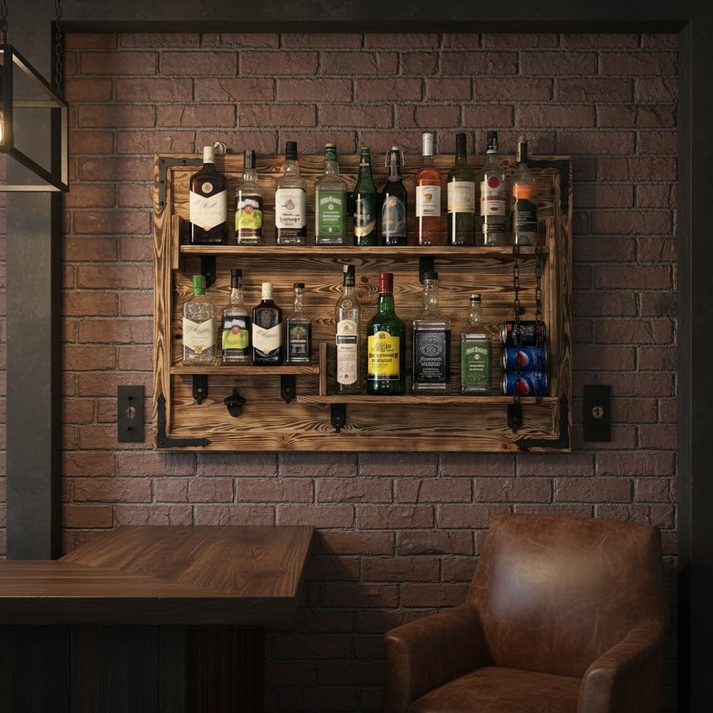 Holzregal Hausbar zum Hängen - Handgemacht Rustikale Stil Wand Bar Flaschenregal Holz - Weinbar Rega