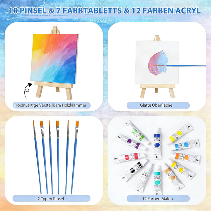 10 Stück Mini Leinwand mit Mini Staffelei, Kleine Leinwände mit Staffelei Klein, 10 Pinseln&12Acrylf