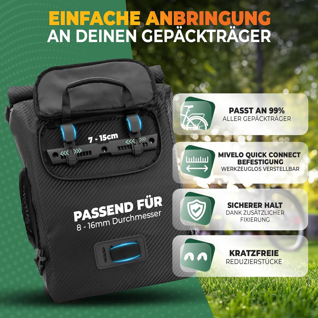 MIVELO - 3 in 1 Fahrradtasche - Rucksack - Schultertasche wasserdicht 100% PVC frei, mit Laptopfach
