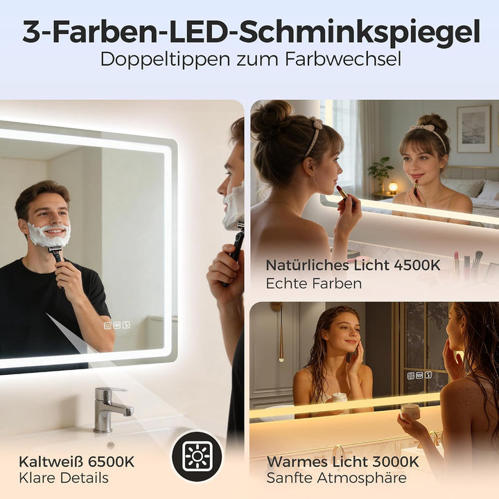 STARLEAD Badspiegel-mit-Beleuchtung 100x70cm, Spiegel-mit-Beleuchtung und Entfoggen, Bluetooth, Dimm