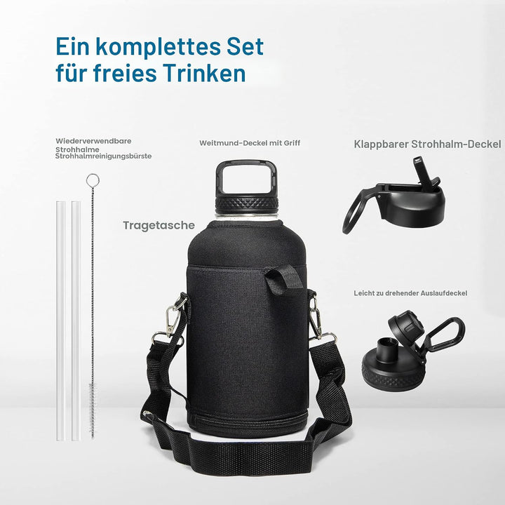 Coolflask Isolierte Wasserflasche 2L, Halbe Gallone Wasserkrug mit Strohhalm &amp; 3 Deckel, Grosse Isol