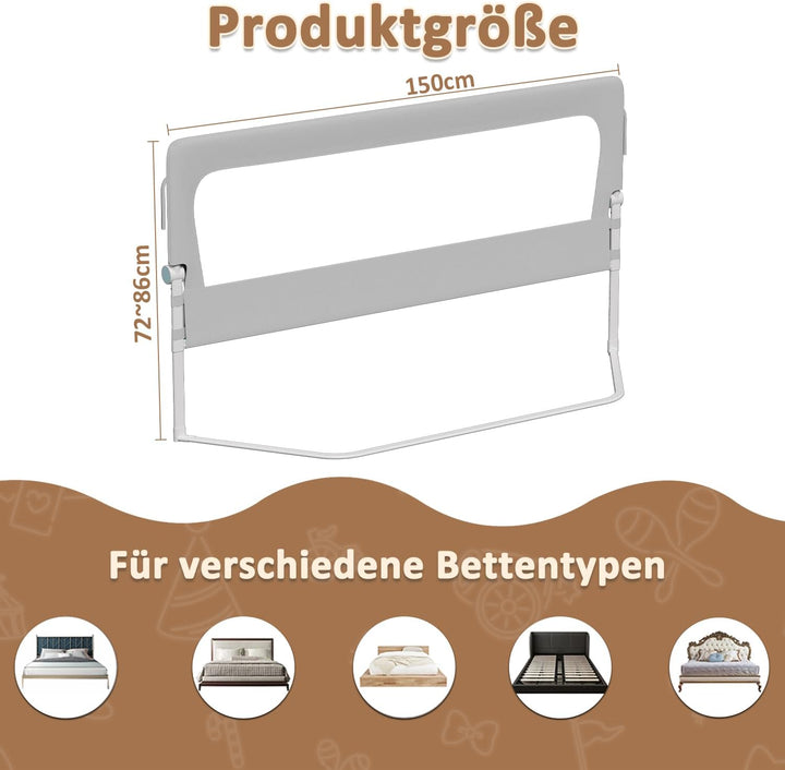 150 cm Bettgitter Rausfallschutz Klappbar, 72-86 cm höhenverstellbar Rausfallschutz Kinderbett, zusa