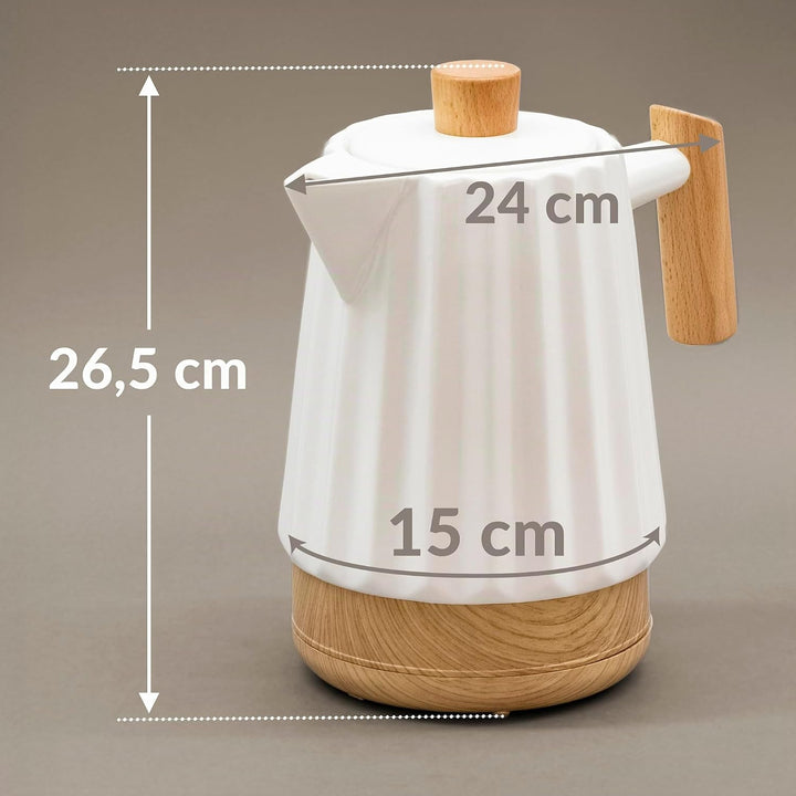 Keramik Wasserkocher 1,7L weiss – mit Holzgriff &amp; Holzknauf, 360°-Sockel, LED, lebensmittelechte Sil