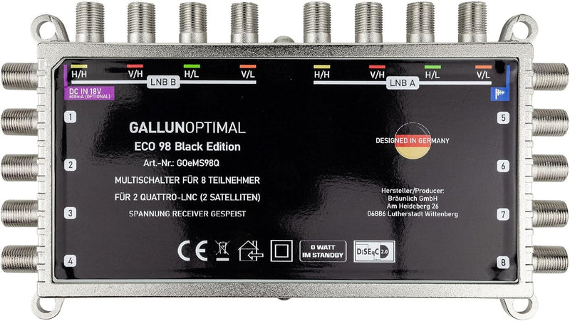 GALLUNOPTIMAL ECO Multischalter-SAT 9/8 für 8 Teilnehmer / Quattro & Quad-LNB fähig / Digital, HDTV,