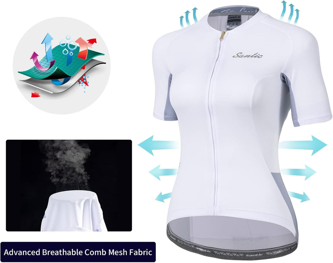 Santic Radtrikot Damen Kurzarm Fahrrad MTB Shirts Top Taschen Reissverschluss Atmungsaktiv Sommer We