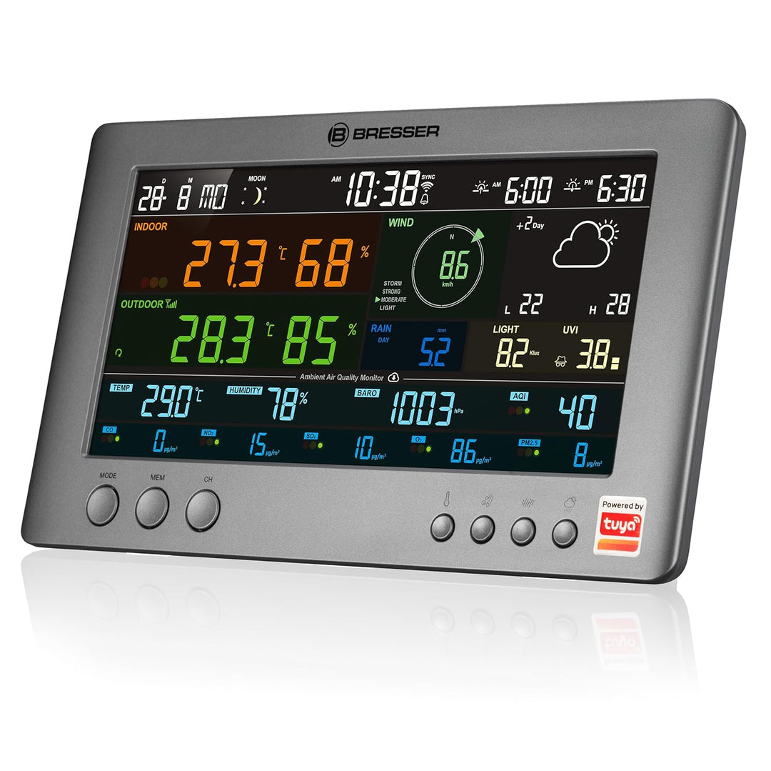 Bresser Smarte Tuya Profi-Wetterstation mit 7-in-1-Sensor, Luftqualitätsmonitor, Solar & App-Steueru