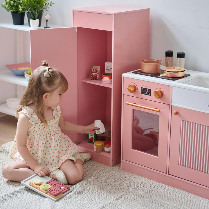 Teamson Kids Little Chef Chester Kinderküche in Pfirsich mit Zubehör, Spielküche aus Holz für Rollen