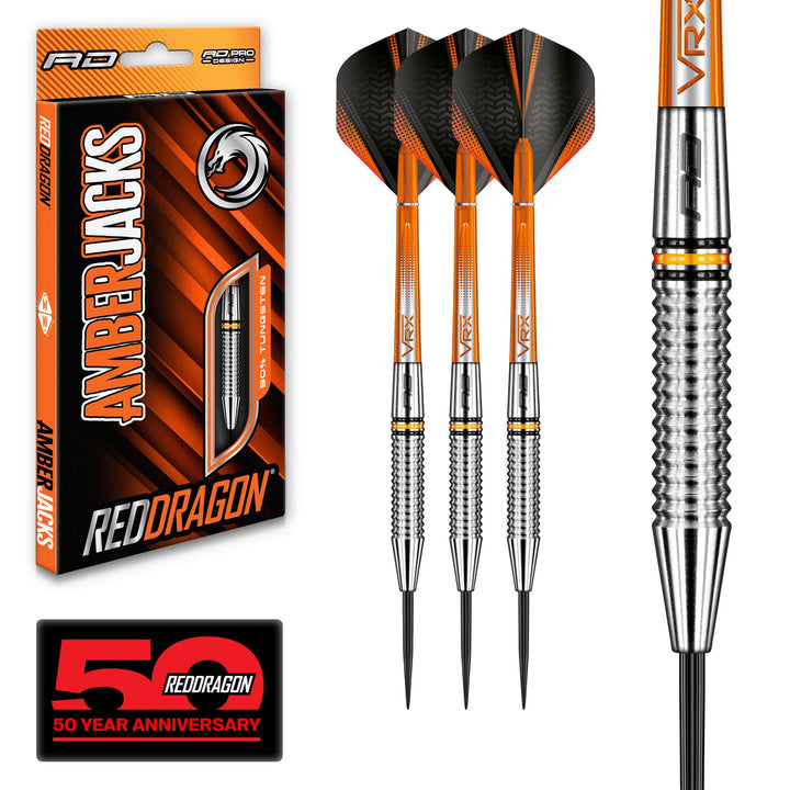 RED DRAGON Amberjack Series Steel Profi Dartpfeile Steeldarts Set mit Flights und Schäfte 24.0 Gramm