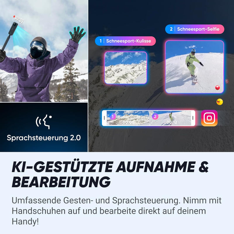 Insta360 X4 Snowboard-Bundle – wasserdichte 8K 360°-Action-Cam, 4K Weitwinkelvideos, Unsichtbarer Se